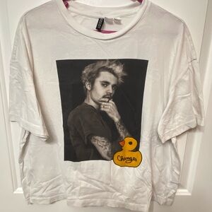White Graphic Justin Bieber T-Shirt with Duck Patch